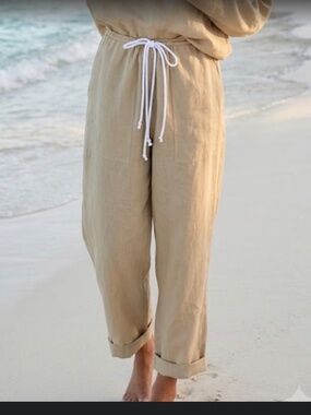 Tory Burch 100% Linen Wide Leg Drawstring Pants Sand Beige Resort NWOT S